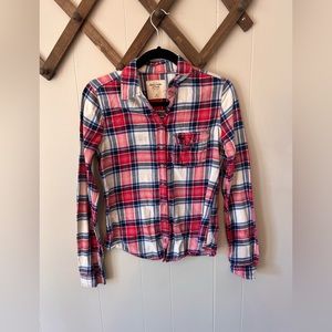 Plaid pink and blue flannel button up top